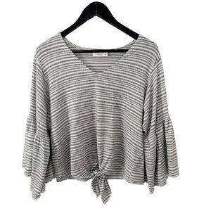 Lavender Fields Grey White Stripe Knotted Hem V-neckline Bell Sleeves Blouse